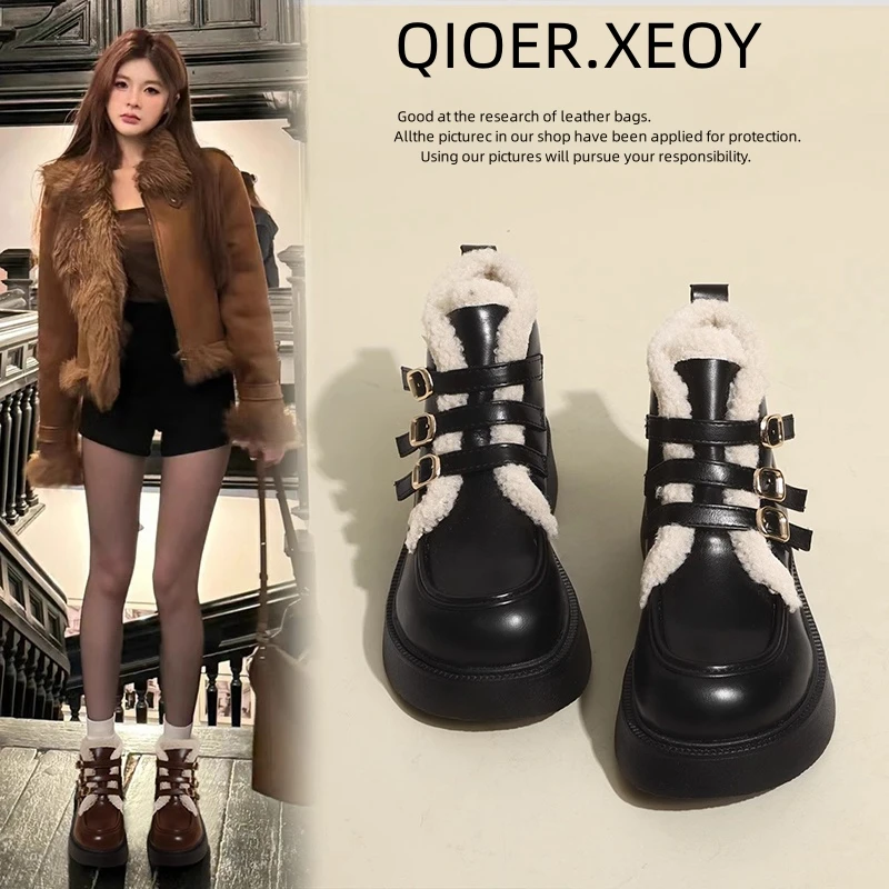 雪地靴女款2023新款冬季防水加绒马丁短靴厚底大棉乐福休闲小皮鞋