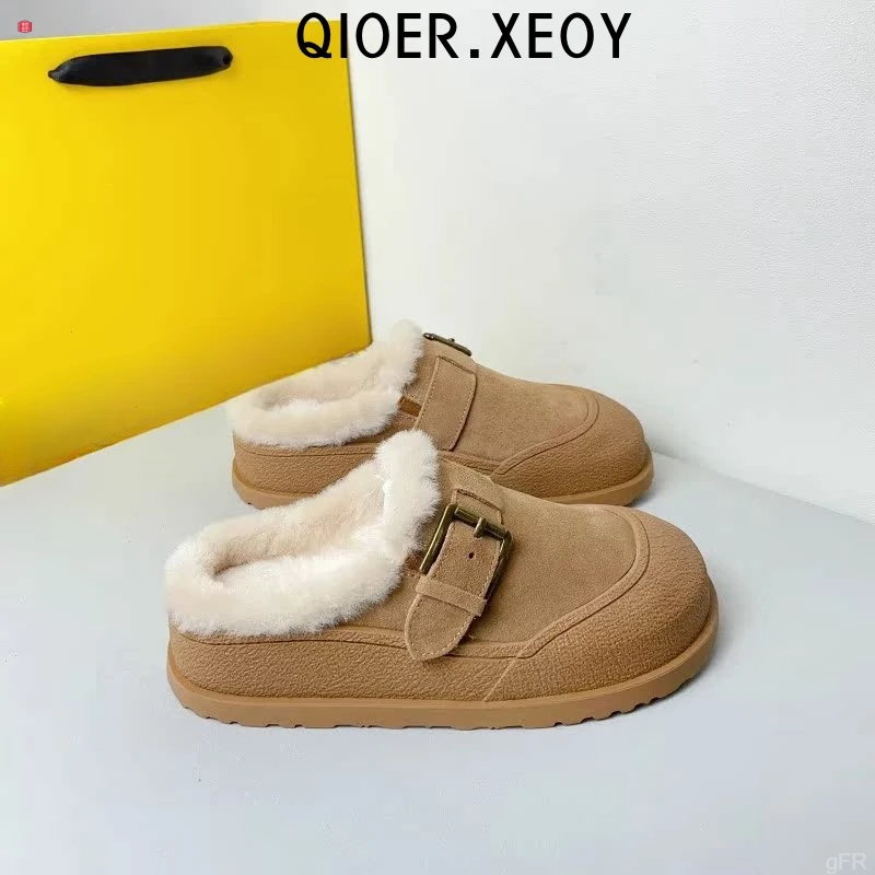 勃肯包头鞋加绒女鞋2024冬季新款软底软木防滑厚底毛毛拖鞋女外穿