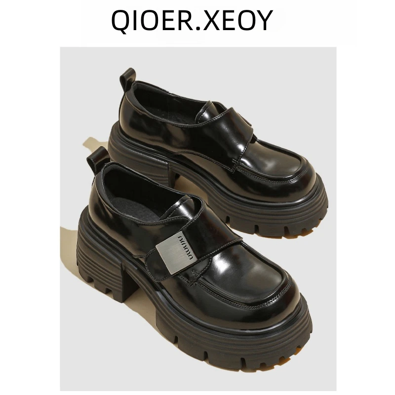 厚底英伦风圆头乐福鞋女2024春季新款粗跟小皮鞋魔术贴高跟单鞋子