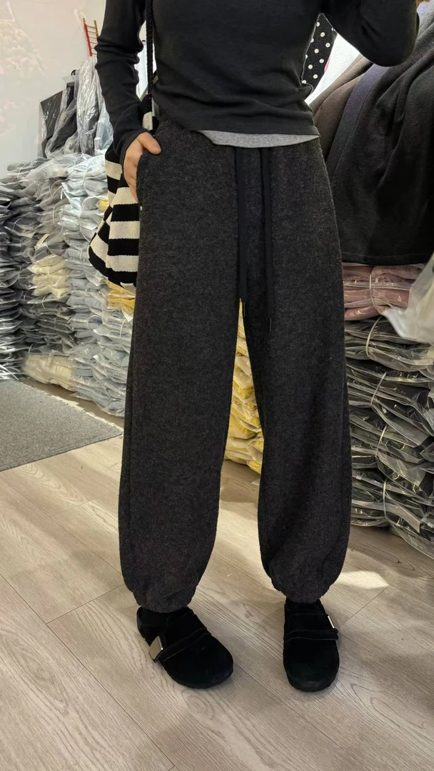 2024冬款抽绳加绒加厚束脚裤女高腰宽松休闲垂感百搭长裤24118