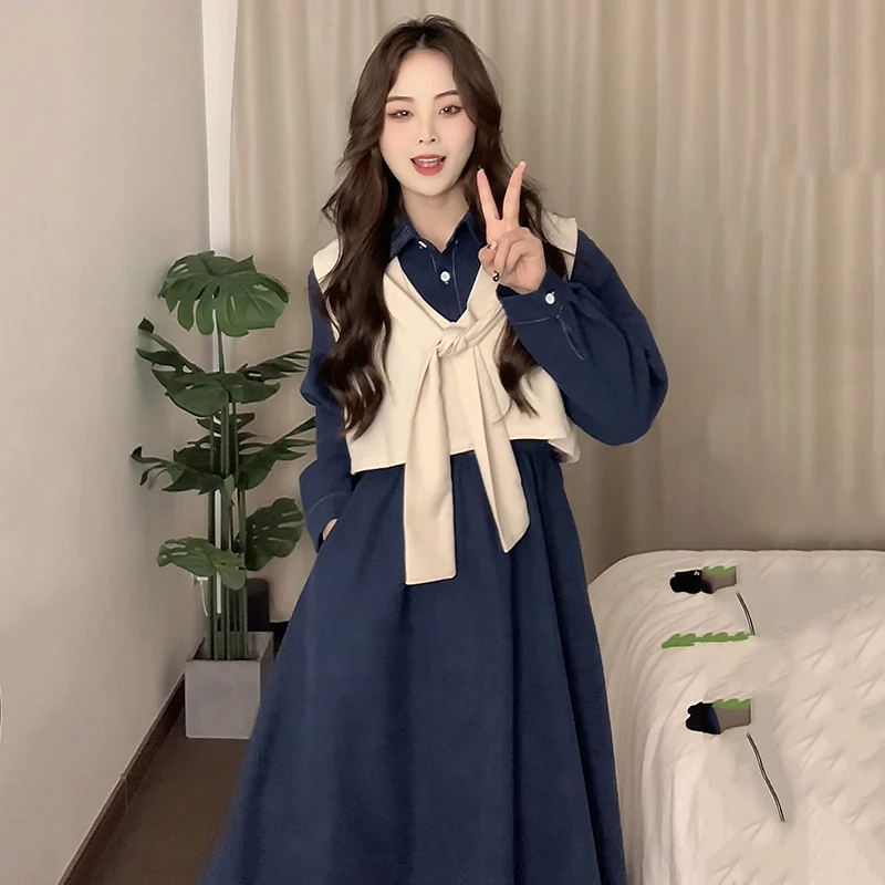 早秋胖妹妹大码女装连衣裙套装学院风裙子马甲上衣两件套98015