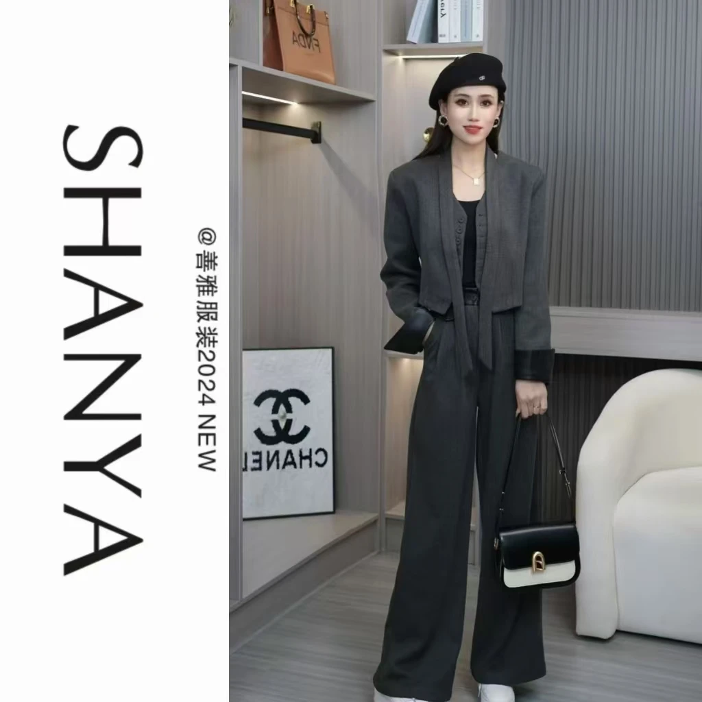 春季新款韩系3276气质飘带显瘦短上衣轻奢百搭高腰阔腿裤两件套女