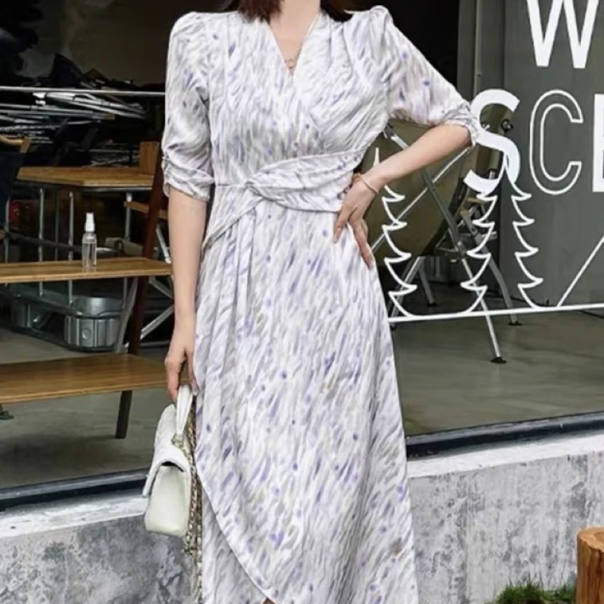 南油来了碎花醋酸夏季女装显瘦轻奢时尚印花收腰女装连衣裙