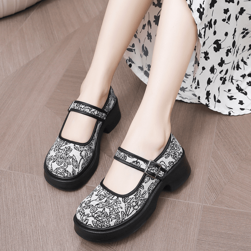 国潮风粗跟玛丽珍女鞋春夏季新款老北京布鞋复古新中式厚底女单鞋