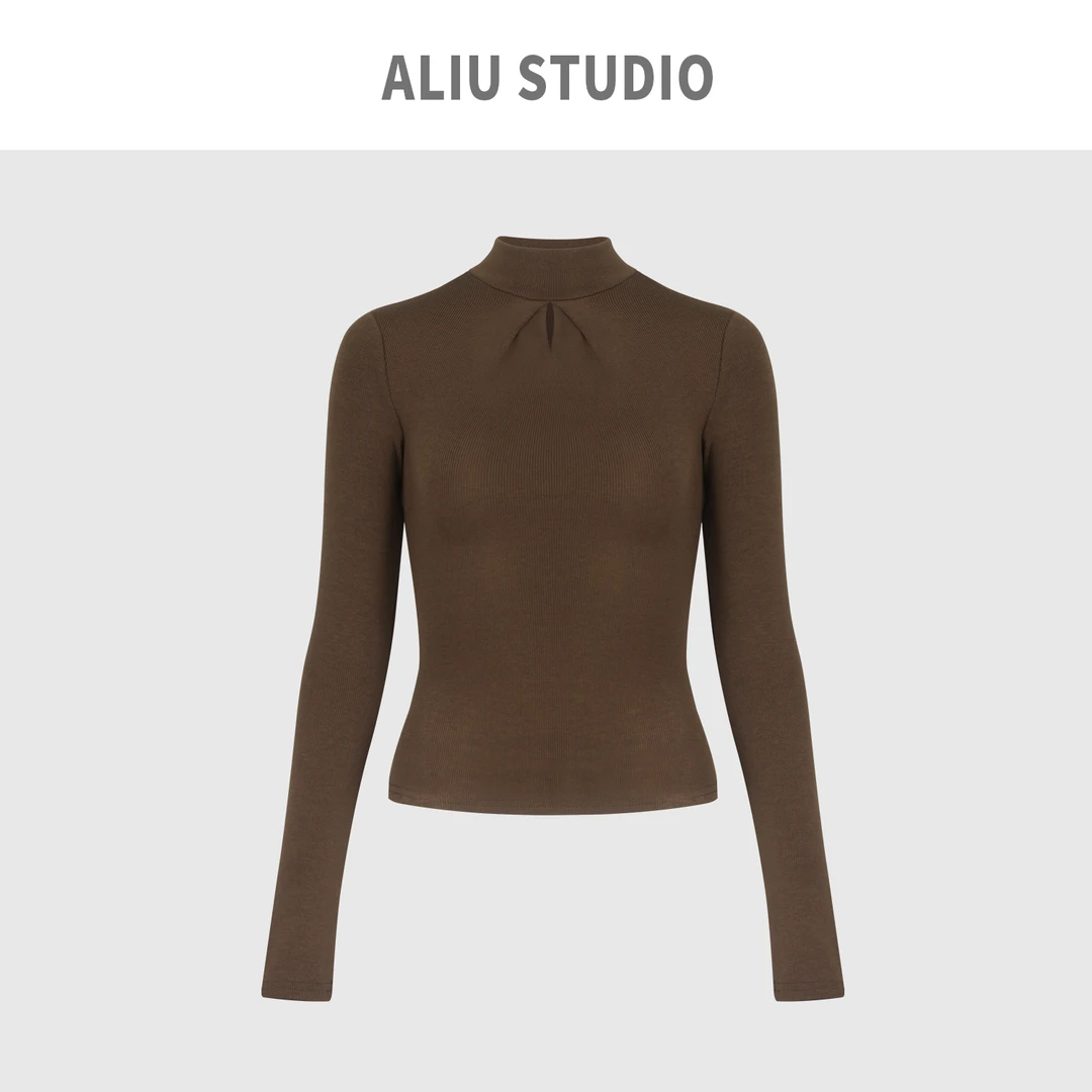 AliuStudio欧美半高领小心机镂空压褶长袖针织衫秋冬加绒正肩内搭