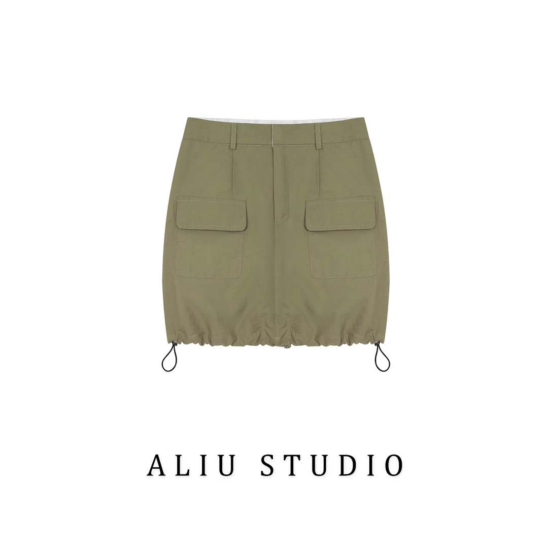 【Aliu自制】美式复古抽绳口袋运动工装短裙女新款a字休闲半身裙