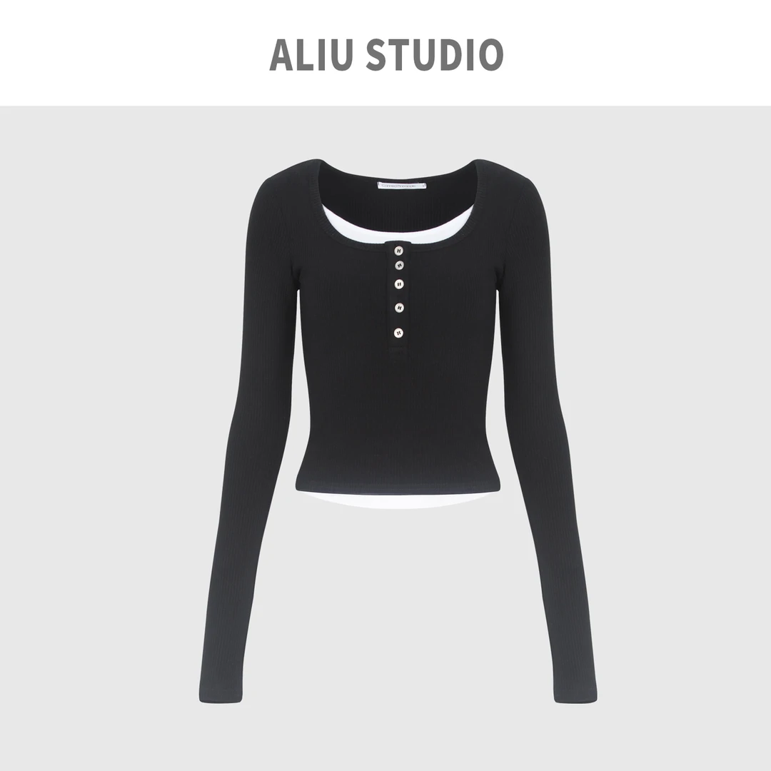 Aliu studio欧美风拼接假两件针织衫小众街头设计感修身短款上衣
