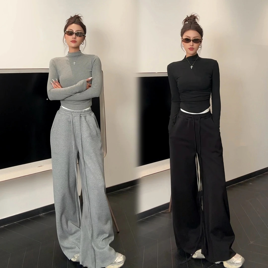 【Aliu自制】美式小众基础款撞色拼接松紧腰头阔腿裤百搭休闲运动裤