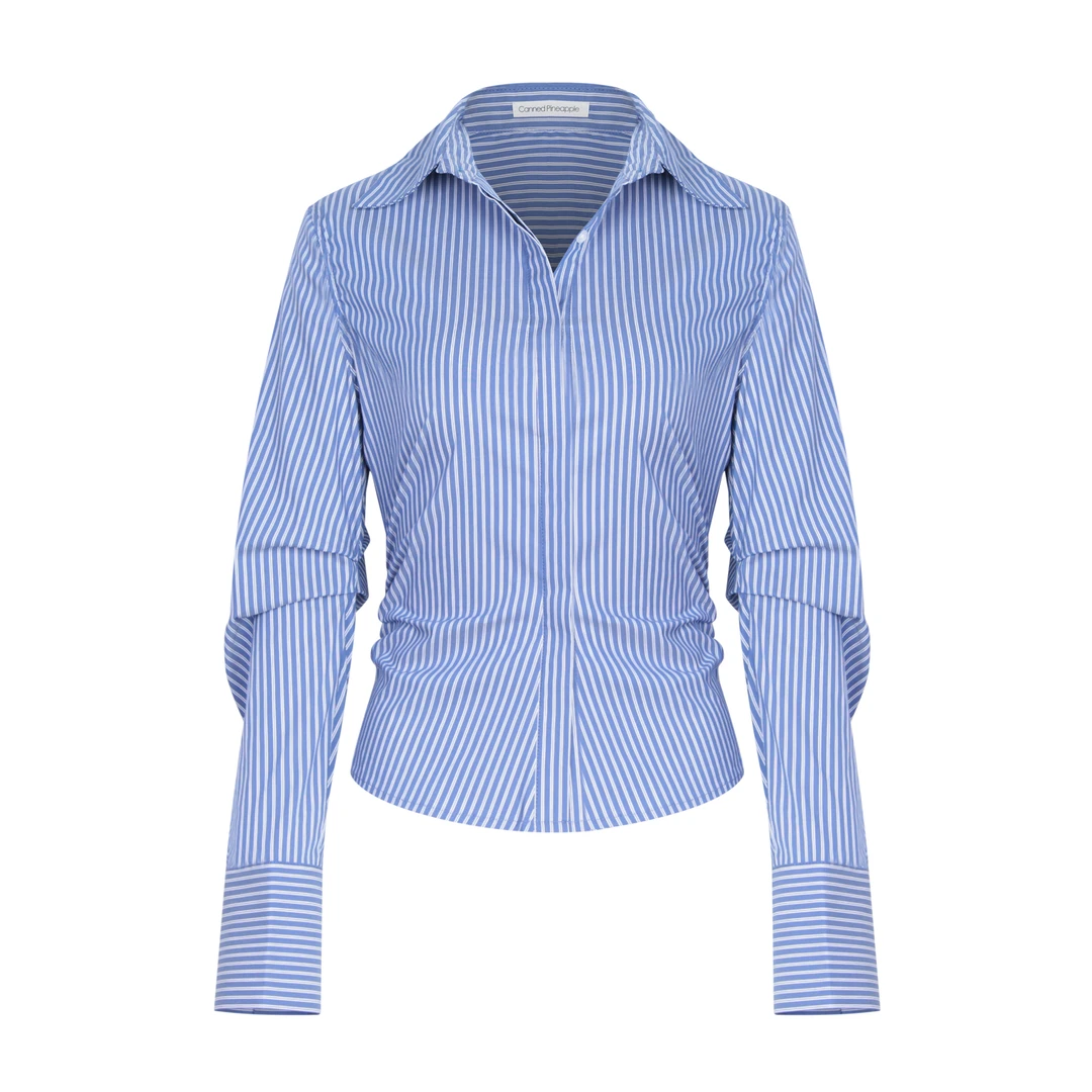 【Aliu自制】韩系复古翻领长袖条纹衬衫女压褶设计感小众修身衬衣