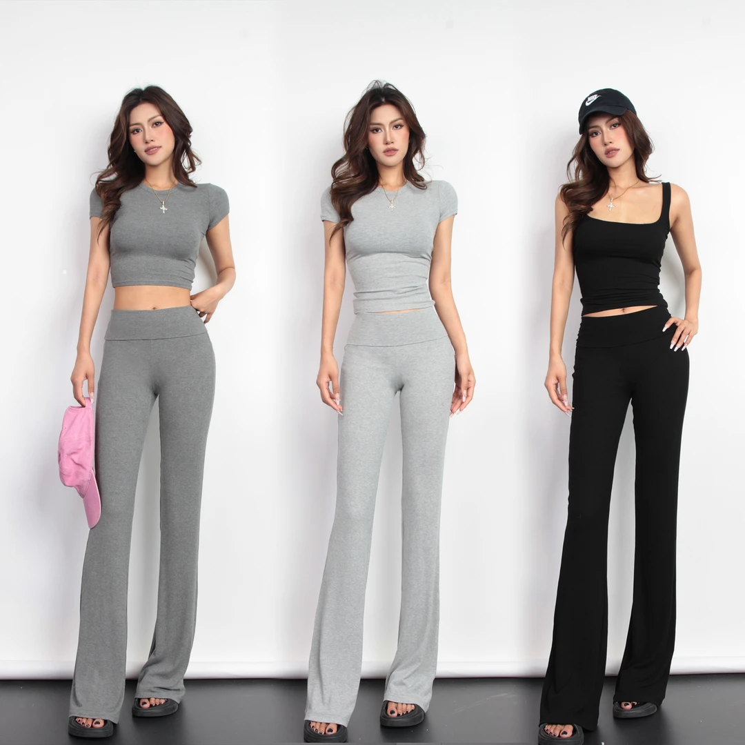 【Aliu自制】辣妹个性大翻边垂垂裤高腰显瘦喇叭裤纯色弹力长裤女