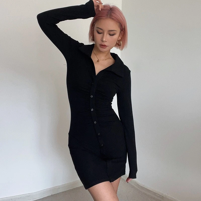 自制纯色褶皱POLO领排扣长袖连衣裙弹力收腰修身衬衫包臀裙显身材