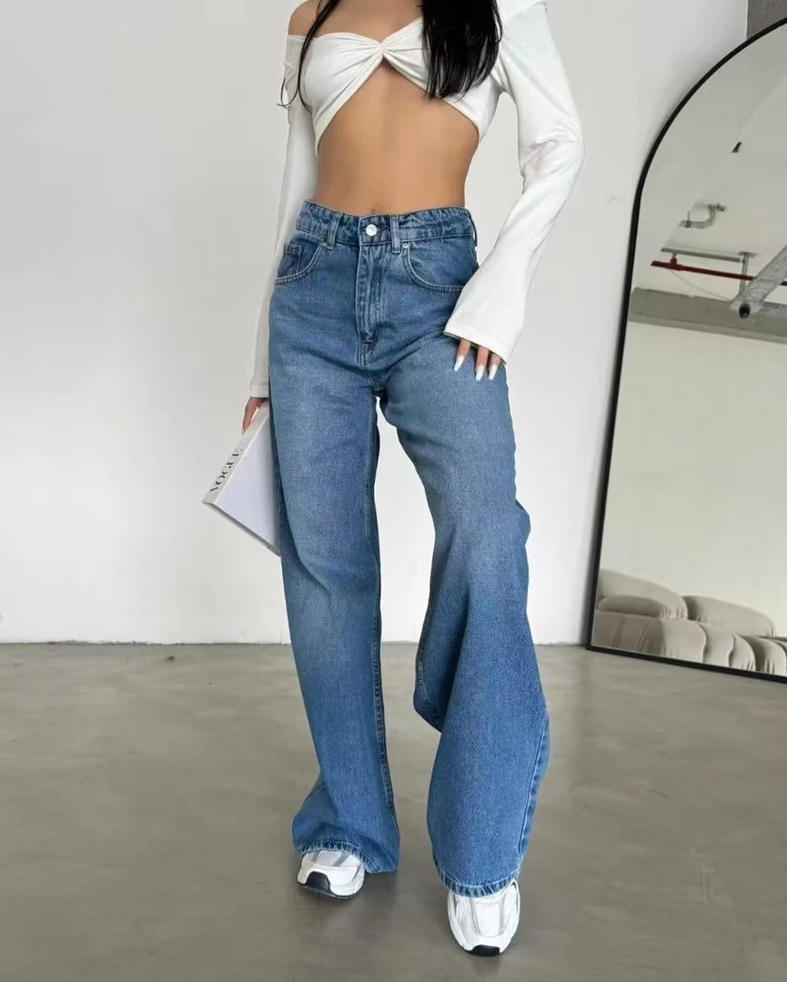 【Aliu自制】比例修身~经典水洗蓝百搭牛仔裤女高腰显瘦直筒阔腿裤