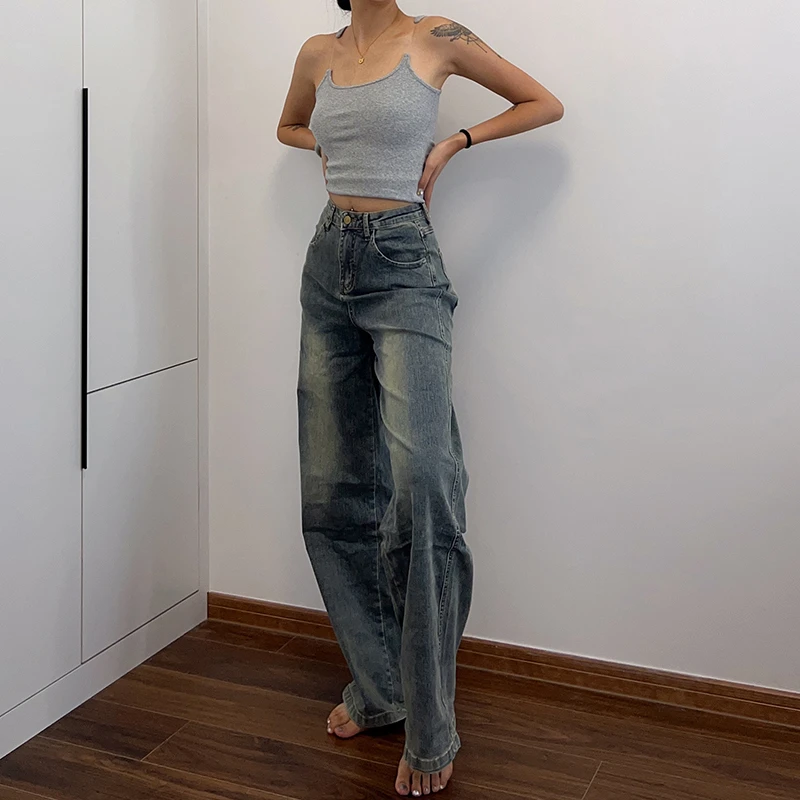 AliuStudio美式复古做旧高腰牛仔裤女潮牌宽松百搭渐变拖地阔腿裤