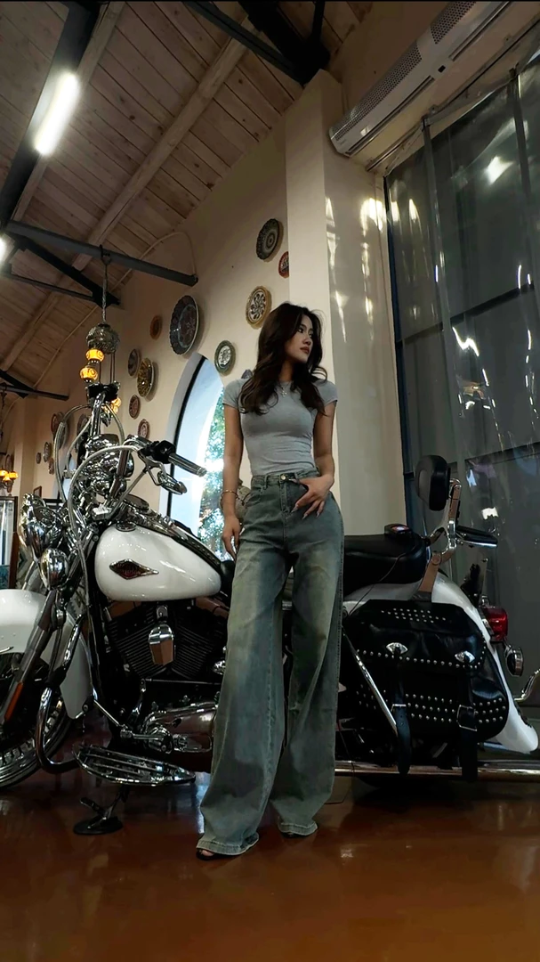 【Aliu自制】美式复古做旧高腰牛仔裤女破洞磨白设计百搭拖地阔腿裤