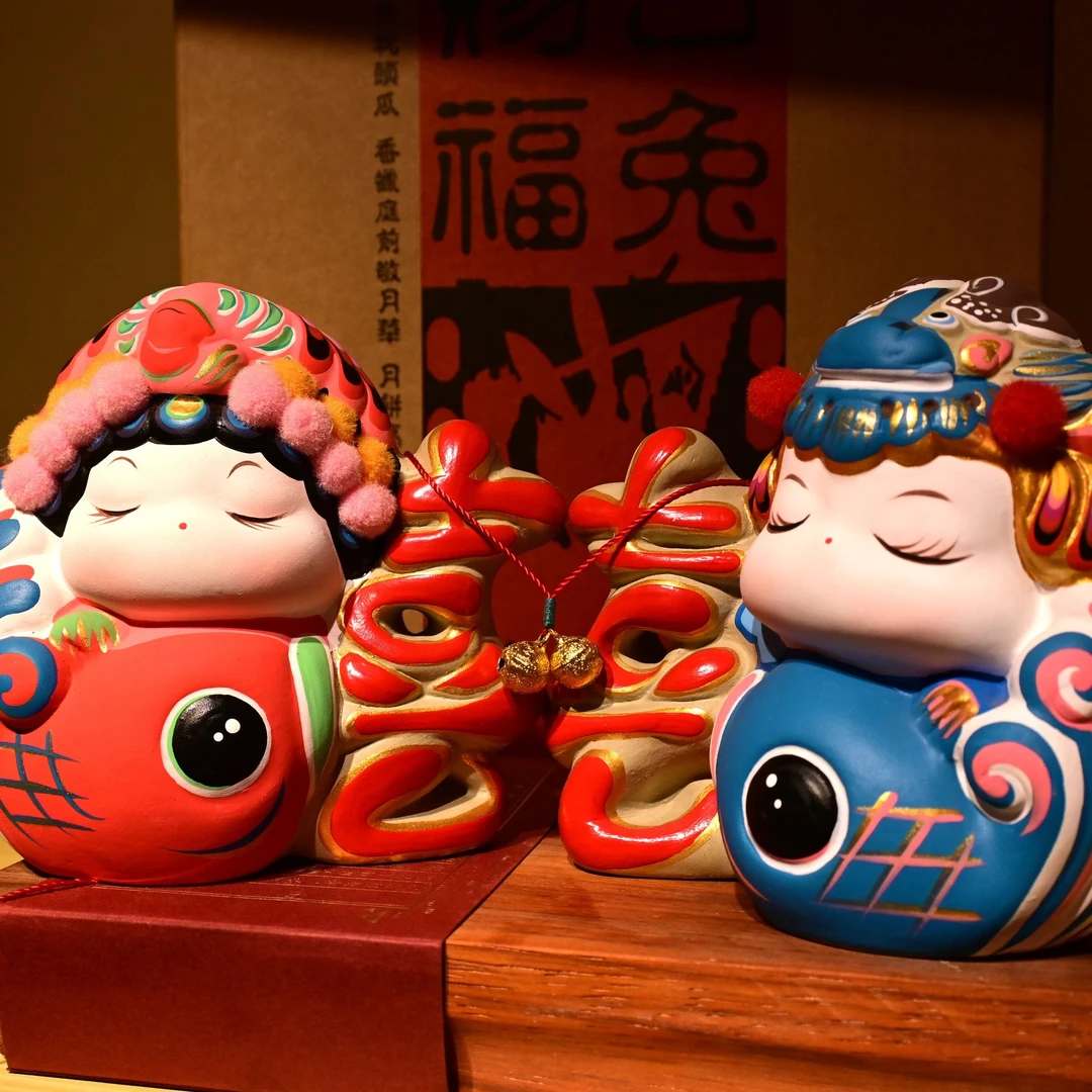 龙凤禧非遗手工泥彩塑客厅电视柜摆件结婚礼物送新人送新娘礼盒