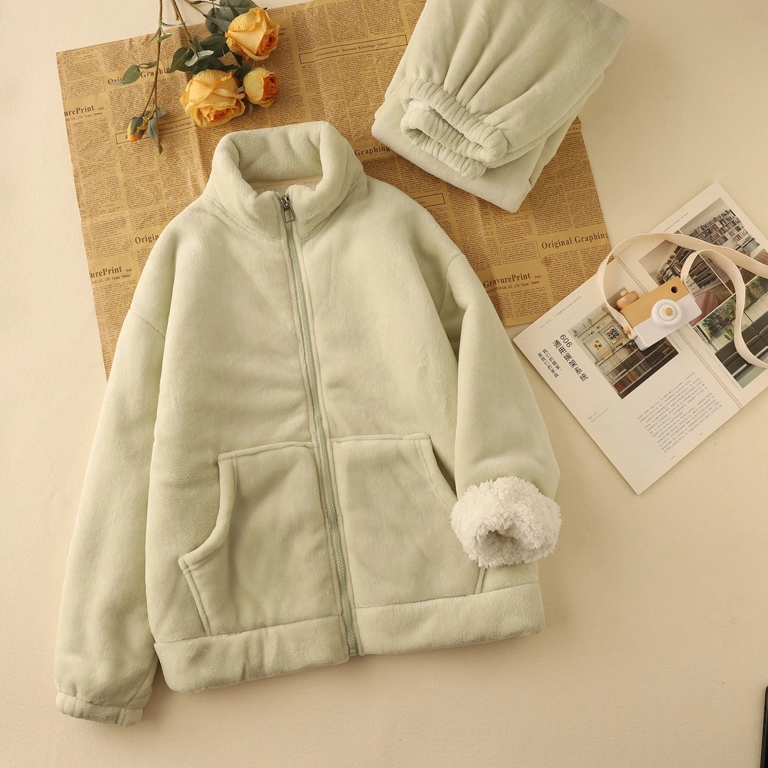 2024新款睡衣女秋冬季纯色双层加厚加绒可爱羊羔绒冬季可居服套装