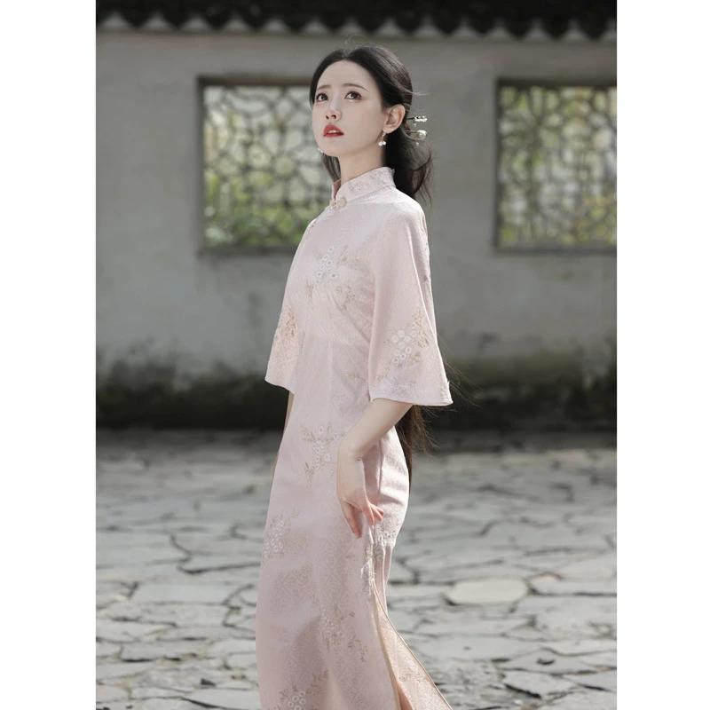 粉色改良旗袍女高级感夏季年轻款少女日常可穿复古国风连衣裙春秋