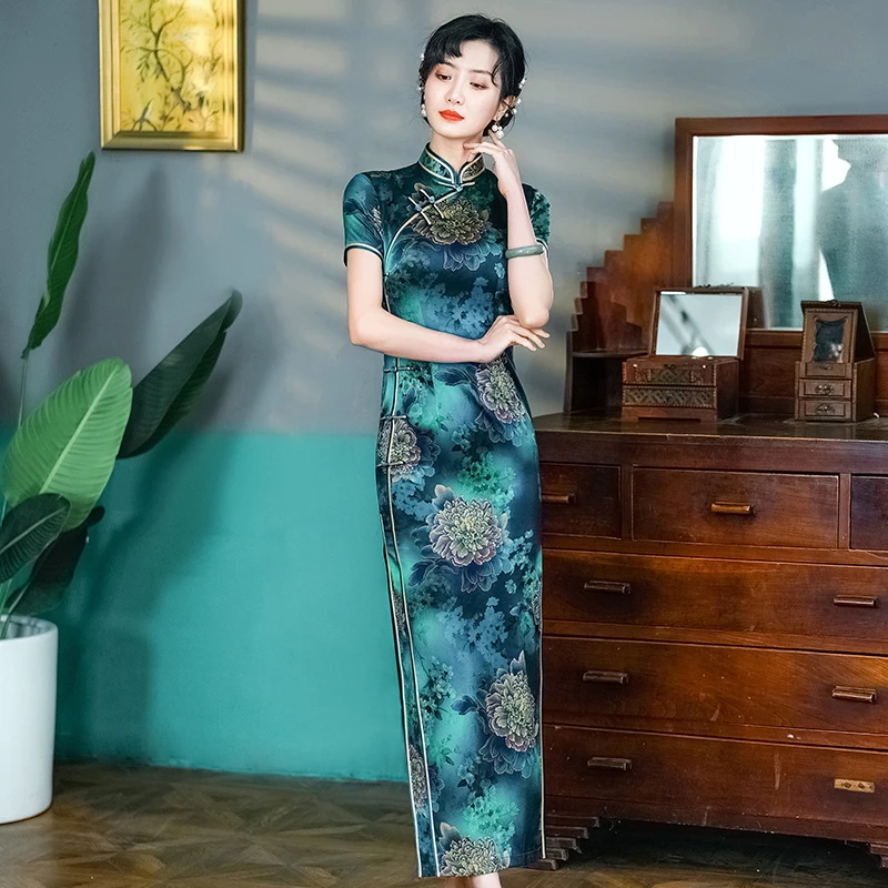 2025年新款爆款改良春夏季真丝长款旗袍女桑蚕丝高档厂家直销批发