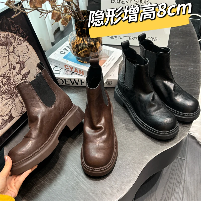 【内增高8厘米】秋季女150小个子内增高厚底真皮切尔西马油皮短靴