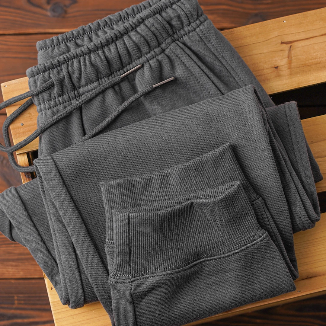 340g春秋季炭灰色毛圈棉螺纹收口宽松九分裤 纯色简约松紧腰卫裤