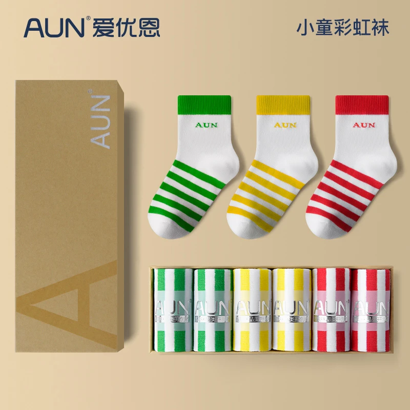 AUN防臭中筒袜子透气吸汗潮流条纹运动休闲袜宝贝男女四季款袜子