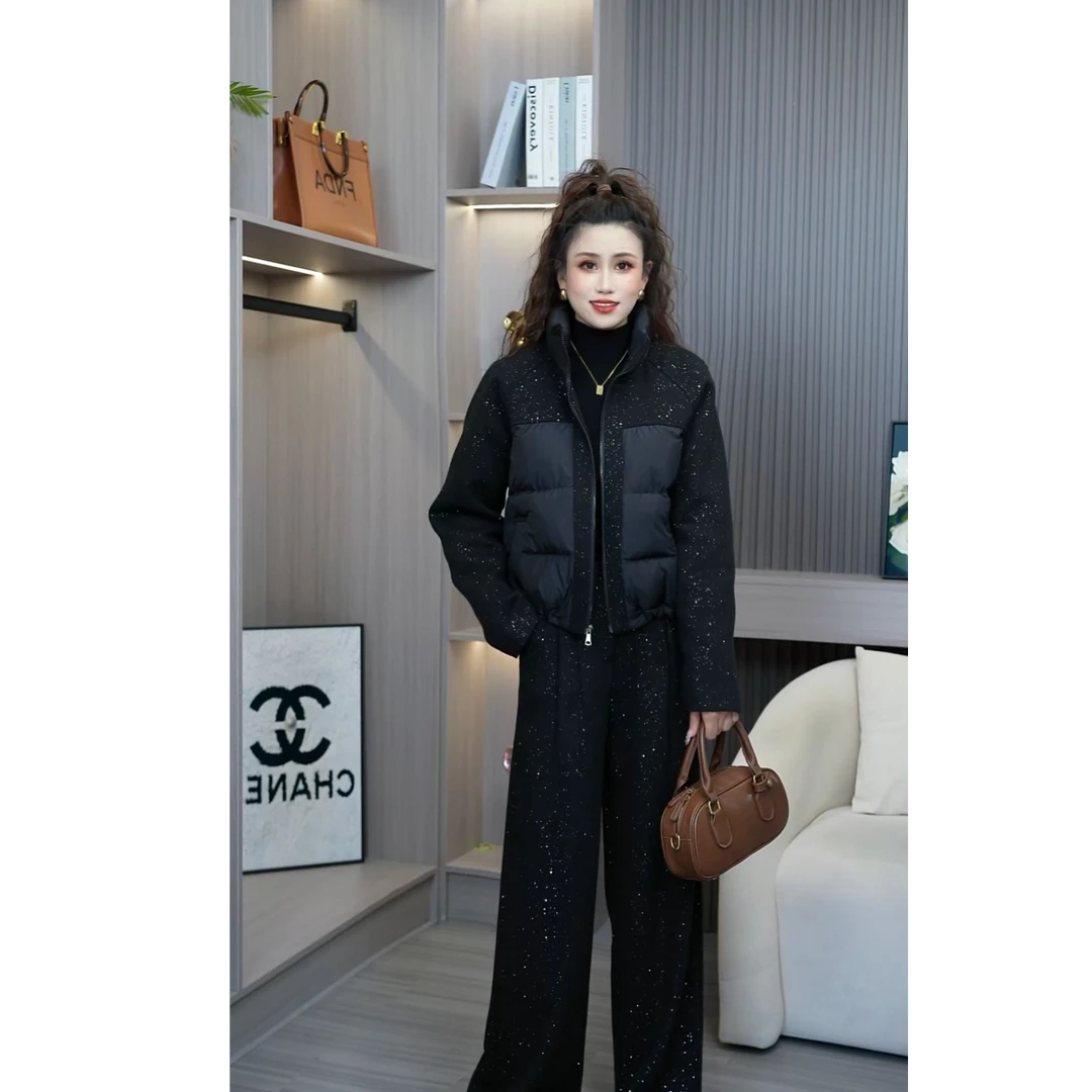 时尚亮片毛呢拼接立领棉服外套+高腰直筒阔腿裤两件套装女