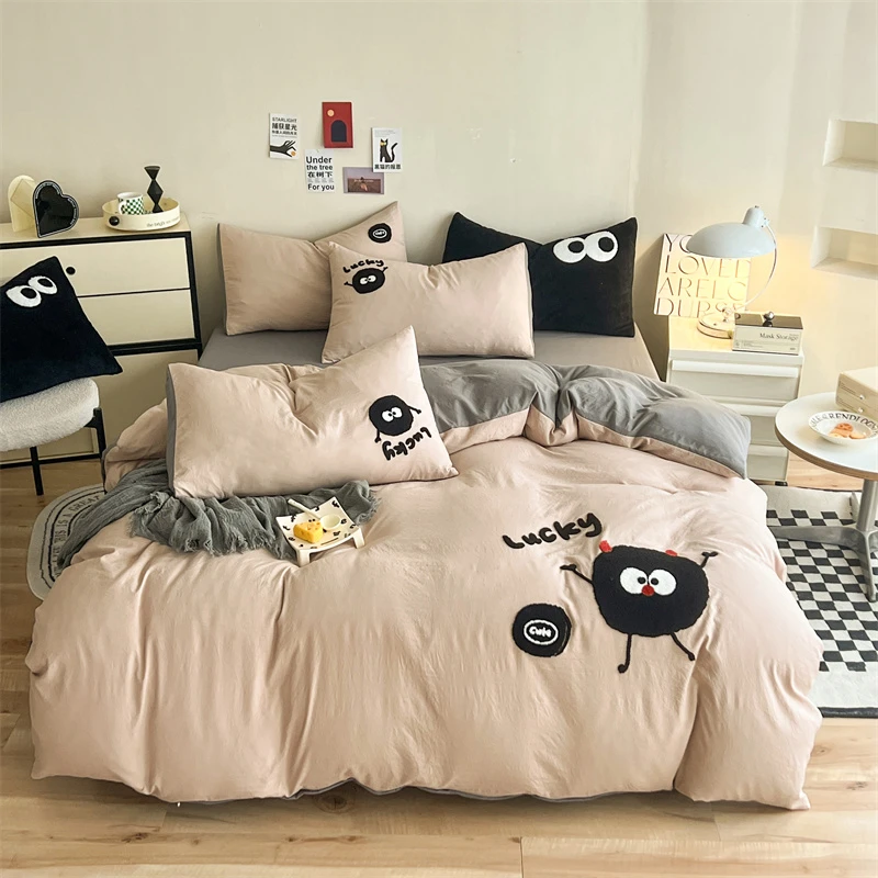 小煤球 可爱ins软糯糯毛巾刺绣超柔云朵棉四件套学生宿舍床品YB