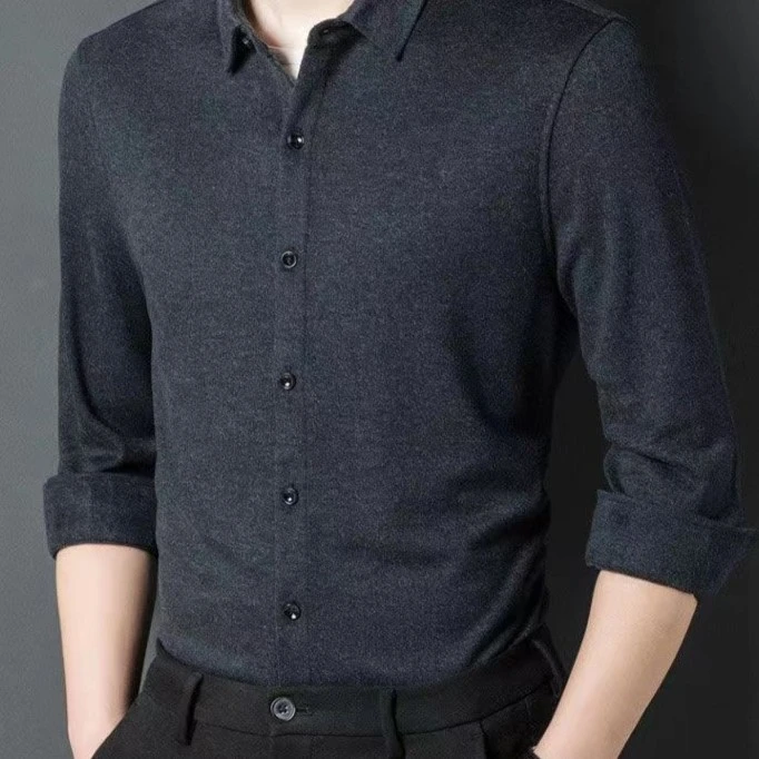 男士新款羊毛蚕丝澳绒衬衫秋冬长袖百搭休闲衬衣舒适透气打底外穿