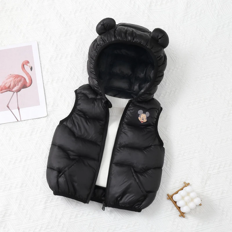 米奇亮灯秋冬款男童亮面防污女童卡通连帽儿童马甲宝宝冬季外套