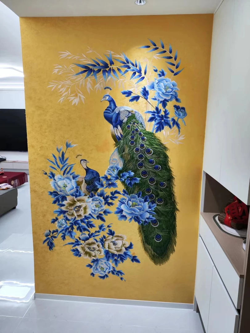 无缝独绣刺绣孔雀客厅走廊玄关背景壁布新中式
