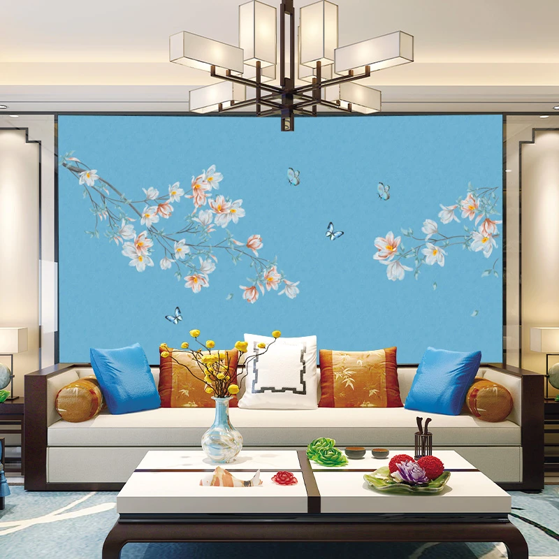 独绣刺绣无缝壁布蝴蝶  花客厅电视沙发背景墙布新中式