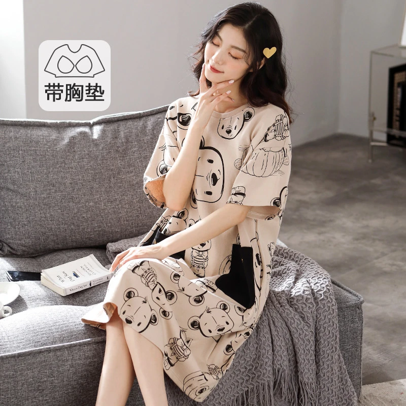 睡裙夏季女款2024新款夏天带胸垫纯棉性感薄款复古孕妇睡衣女夏款