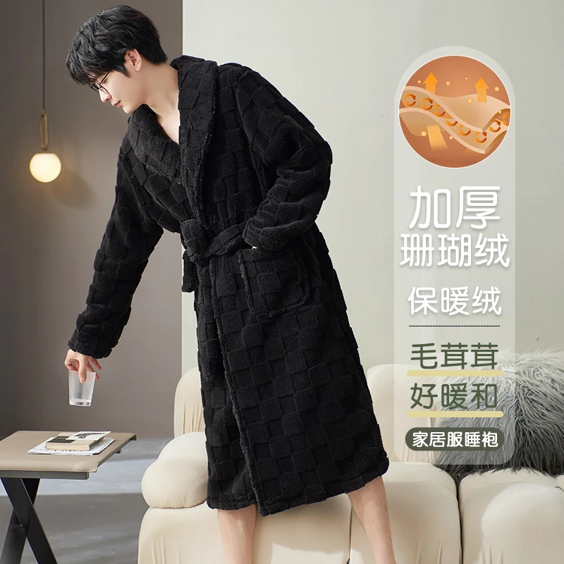 男士睡袍男款冬季2024新款 珊瑚绒 加绒加厚浴袍纯黑睡衣男秋冬款