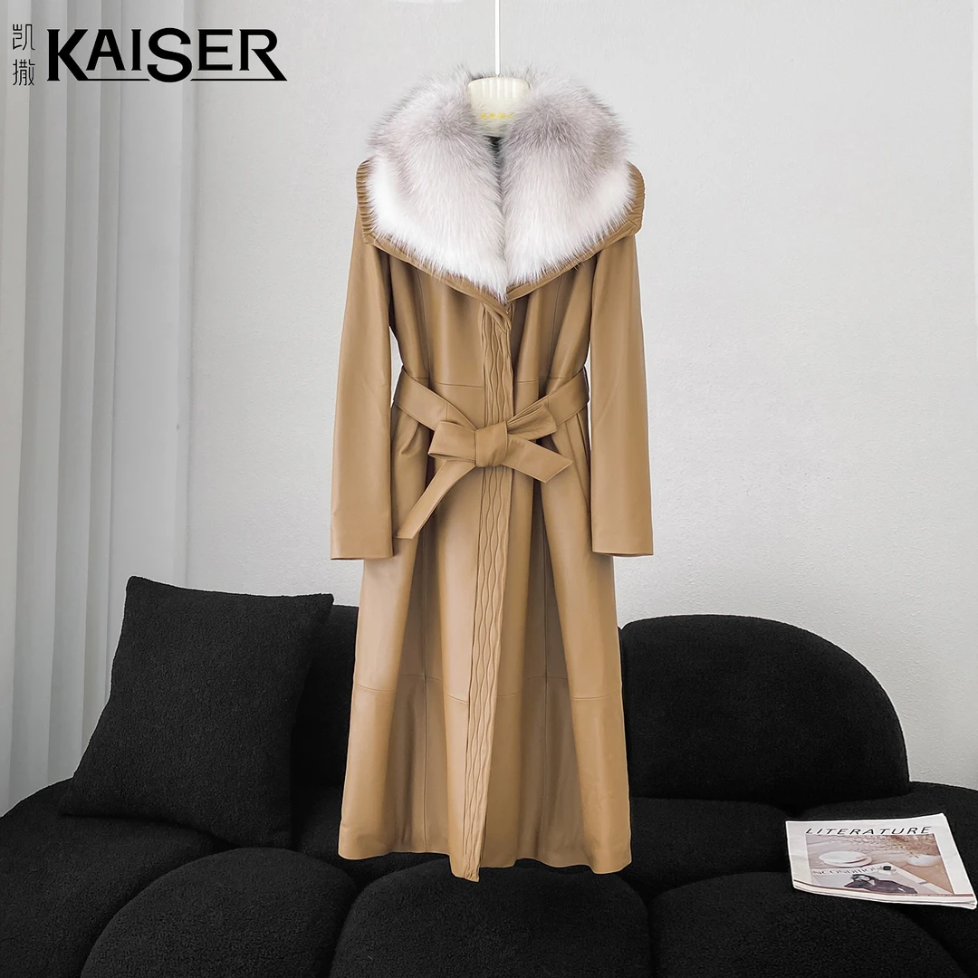 KAISER/凯撒3Y4098冬季收腰显瘦绵羊皮大狐狸毛领鹅绒长款羽绒服