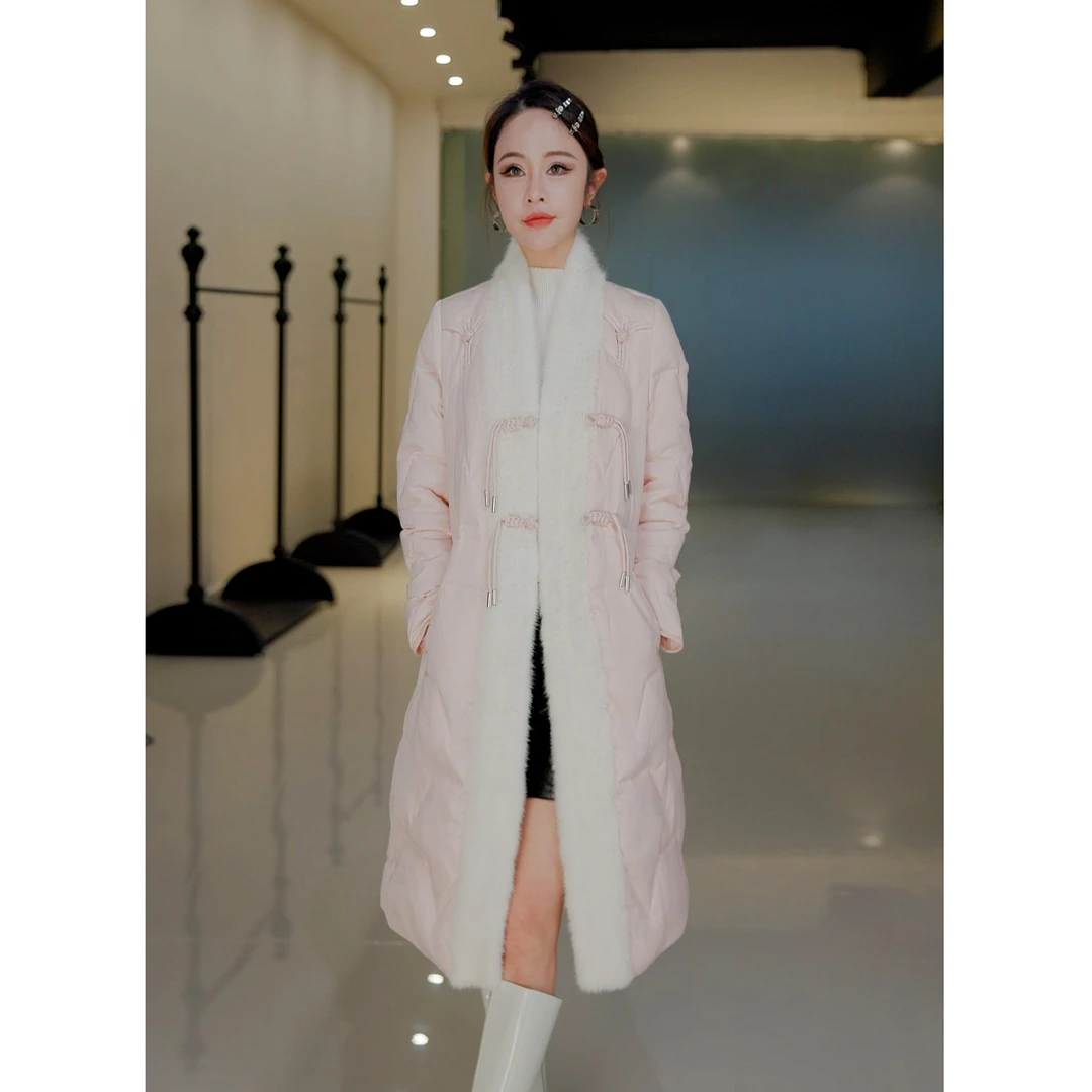 KAISER/凯撒3Y4618冬季新款V领水貂收腰时尚鹅绒长款羽绒服外套