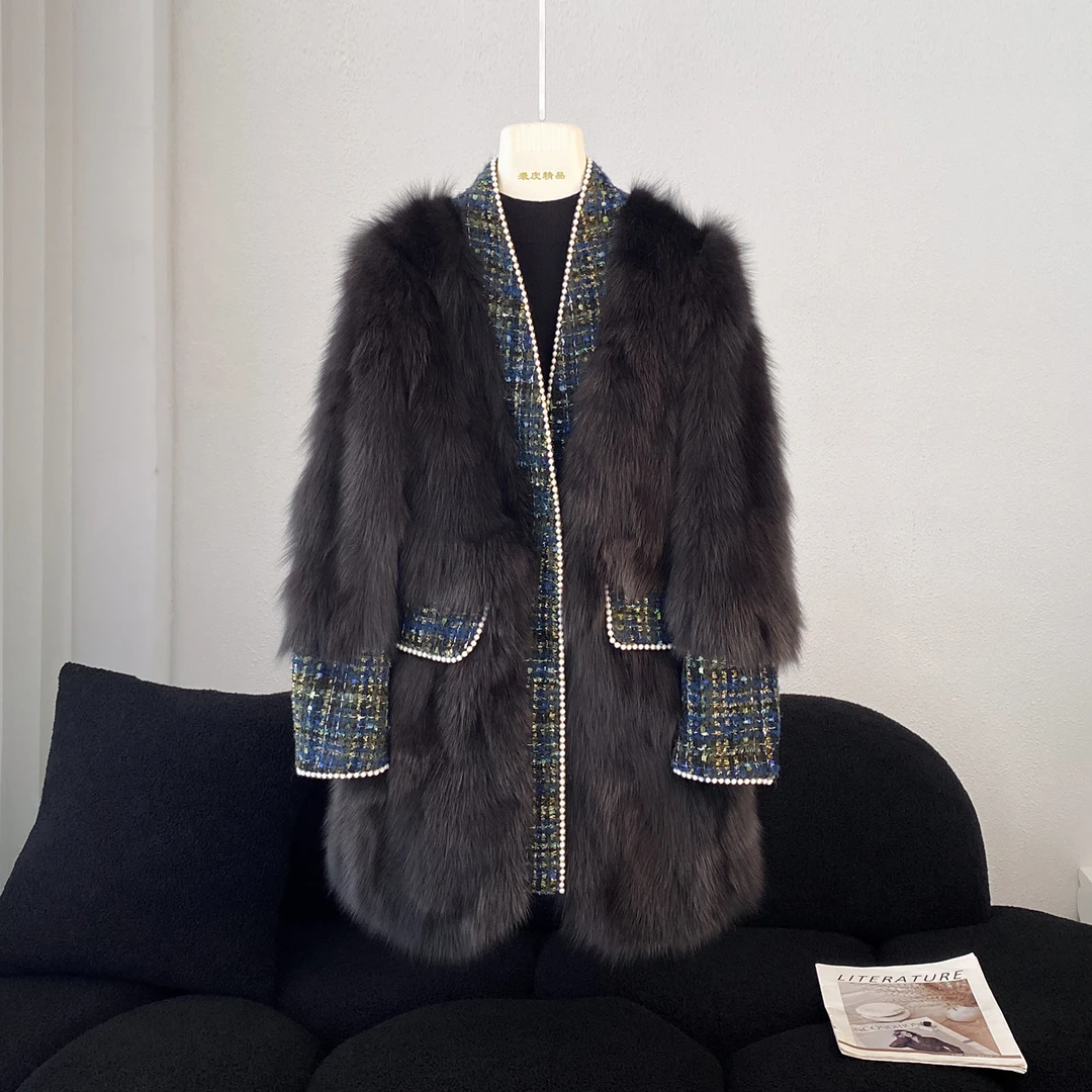 KAISER/凯撒1R8818龙年新款女装羊毛粗纺拼狐狸毛大衣皮草外套