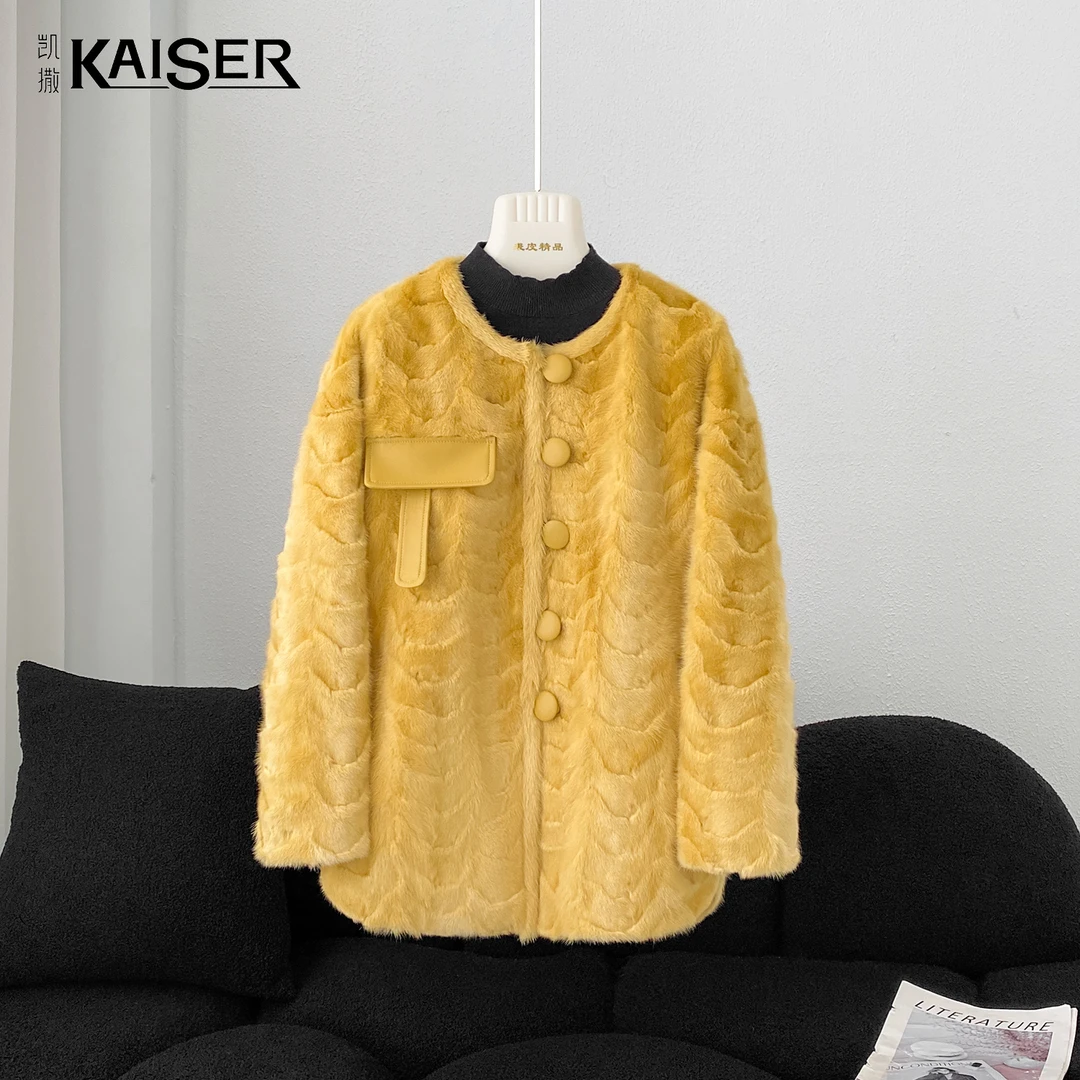 KAISER/凯撒4M3047初秋新款休闲风纯色简约保暖绵羊皮水貂外套