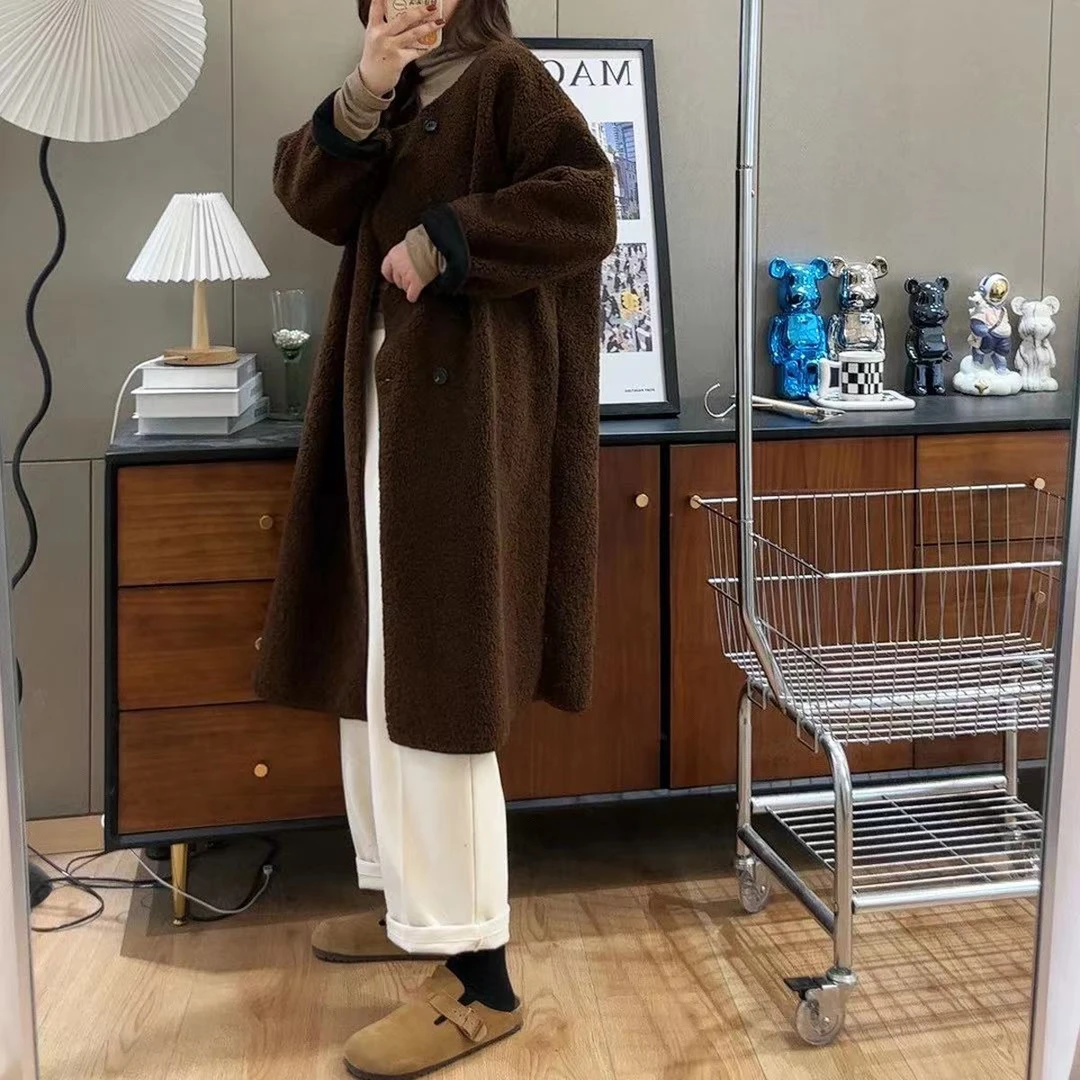 【K姐简约定制】棒球圆领中长款纽扣长袖毛绒外套D563