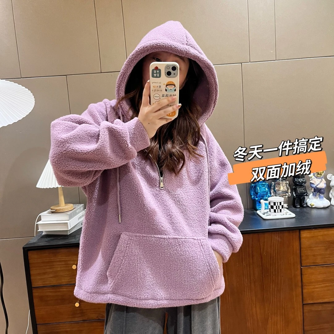 【K姐简约定制】秋冬连帽款拉链套头长袖毛绒加厚外套K115