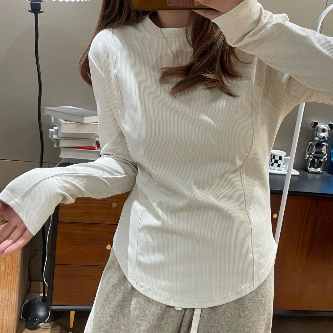 【K姐简约定制】圆弧下摆纯色棉质圆领长袖宽松显瘦打底衫D699