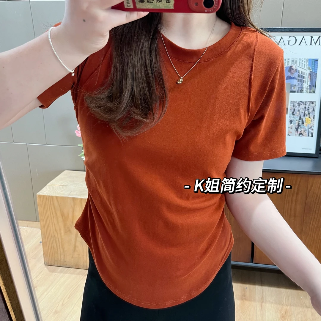 GTNER  K姐 正肩纯色百搭双收腰宽松显瘦短袖女半袖设计感T恤E181