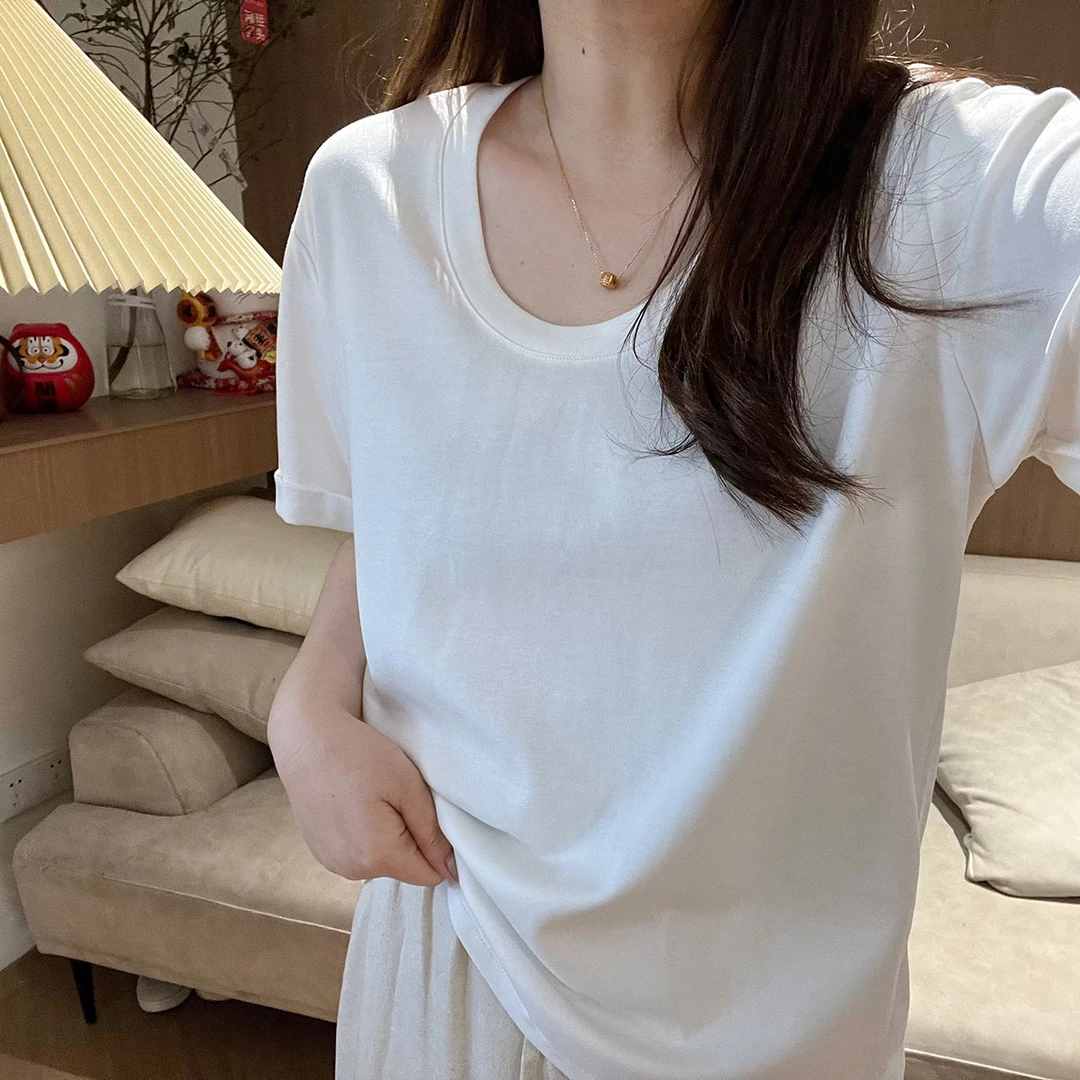 GTNER   K姐 纯色小飞袖秘鲁棉显瘦短袖T恤女夏季百搭圆领D1299