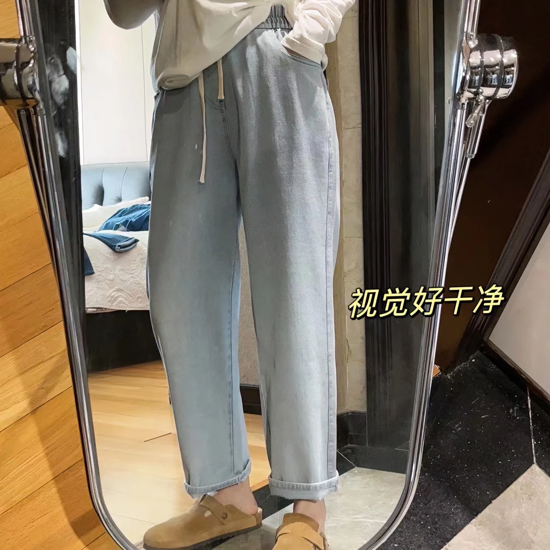 【K姐简约定制】早春宽松百搭松紧高腰显瘦休闲牛仔阔腿裤D796