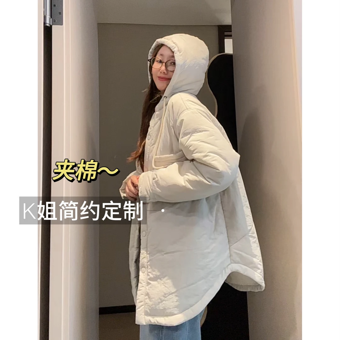 GTNER“KK定制” 秋冬女款百搭简约宽松保暖连帽夹棉外套棉服D1538