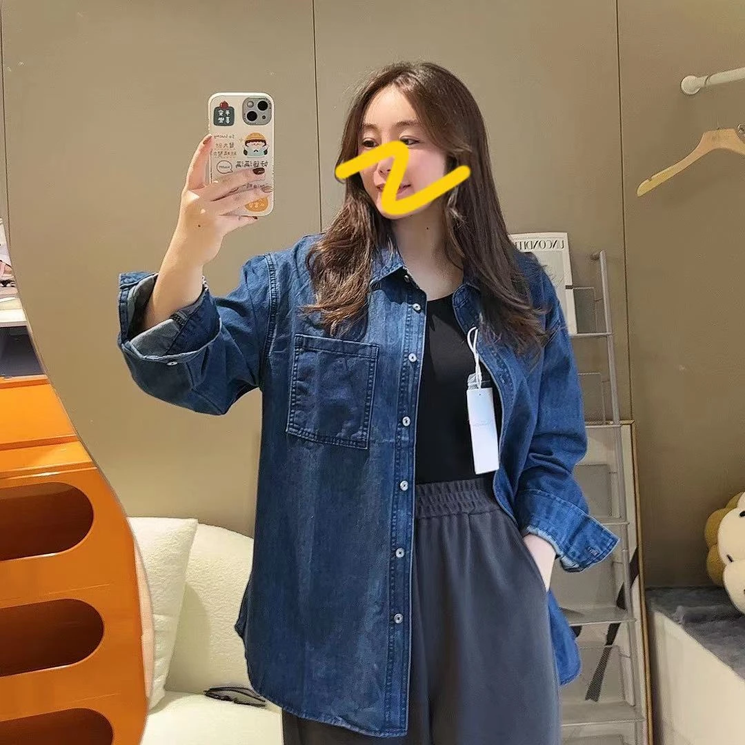 【K姐简约定制】棉质双色经典POLO领女衬衫长袖牛仔衬衫新品D701