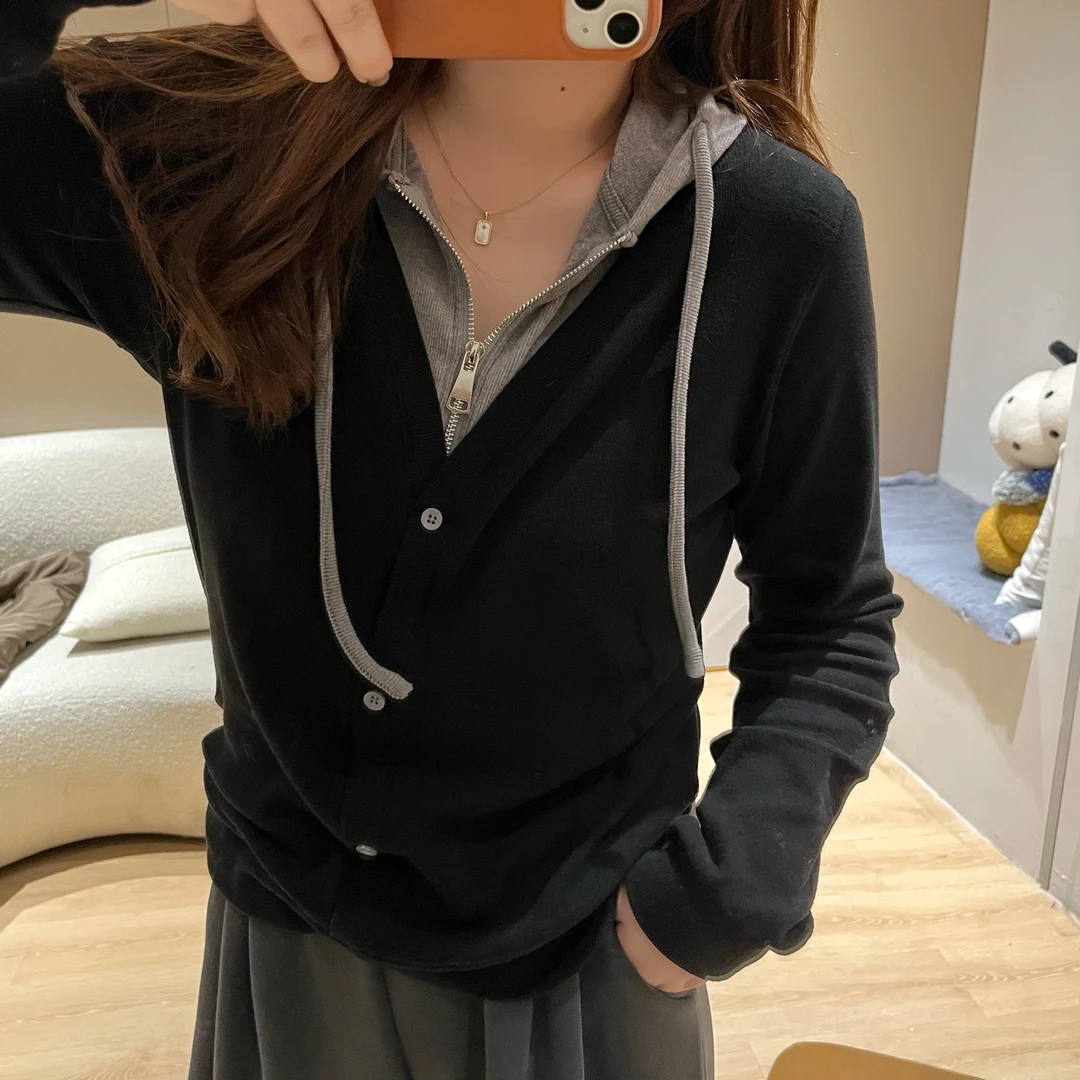 【K姐简约定制】假2件半拉链套头衫双面绒拼色连帽女宽松上衣D1017