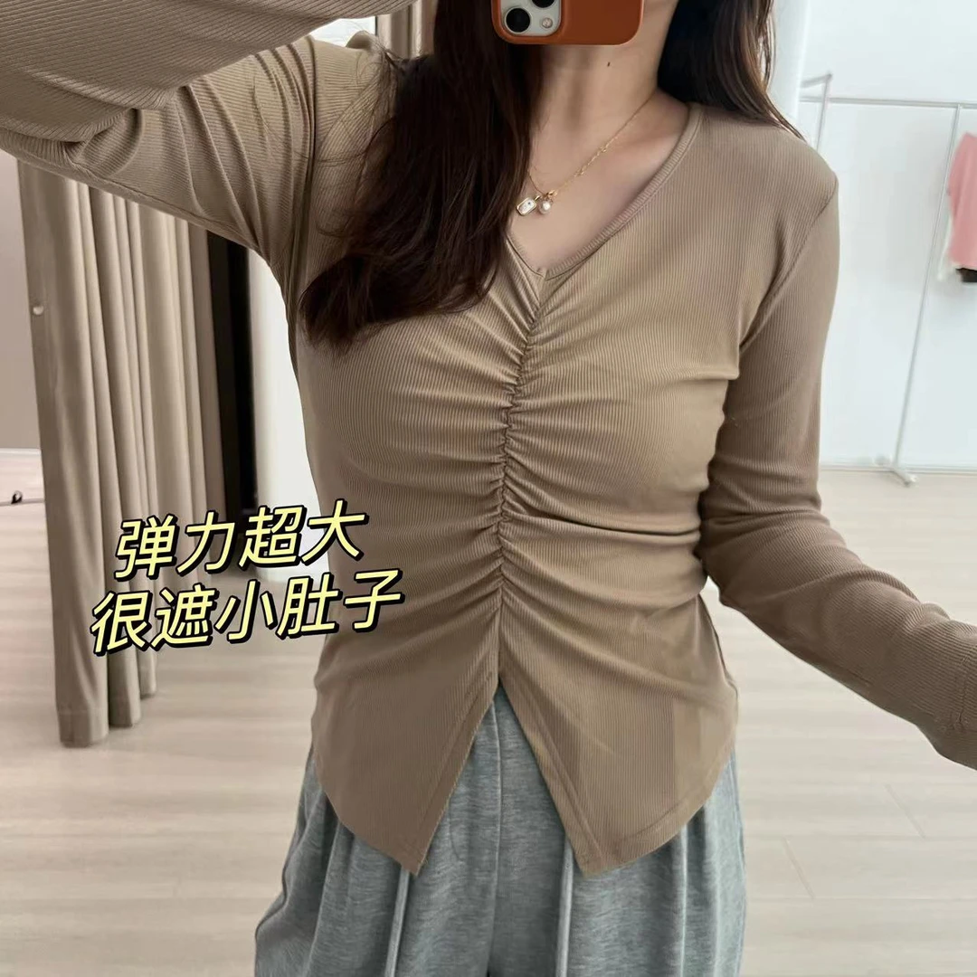 【K姐简约定制】高弹力下摆开叉拼接设计纯色V领宽松长袖T恤D980