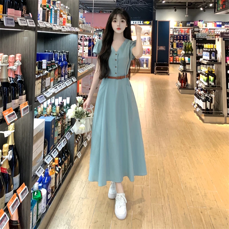 夏季大码显瘦通勤气质收腰v领连衣裙2025温柔时尚连衣裙子长裙女