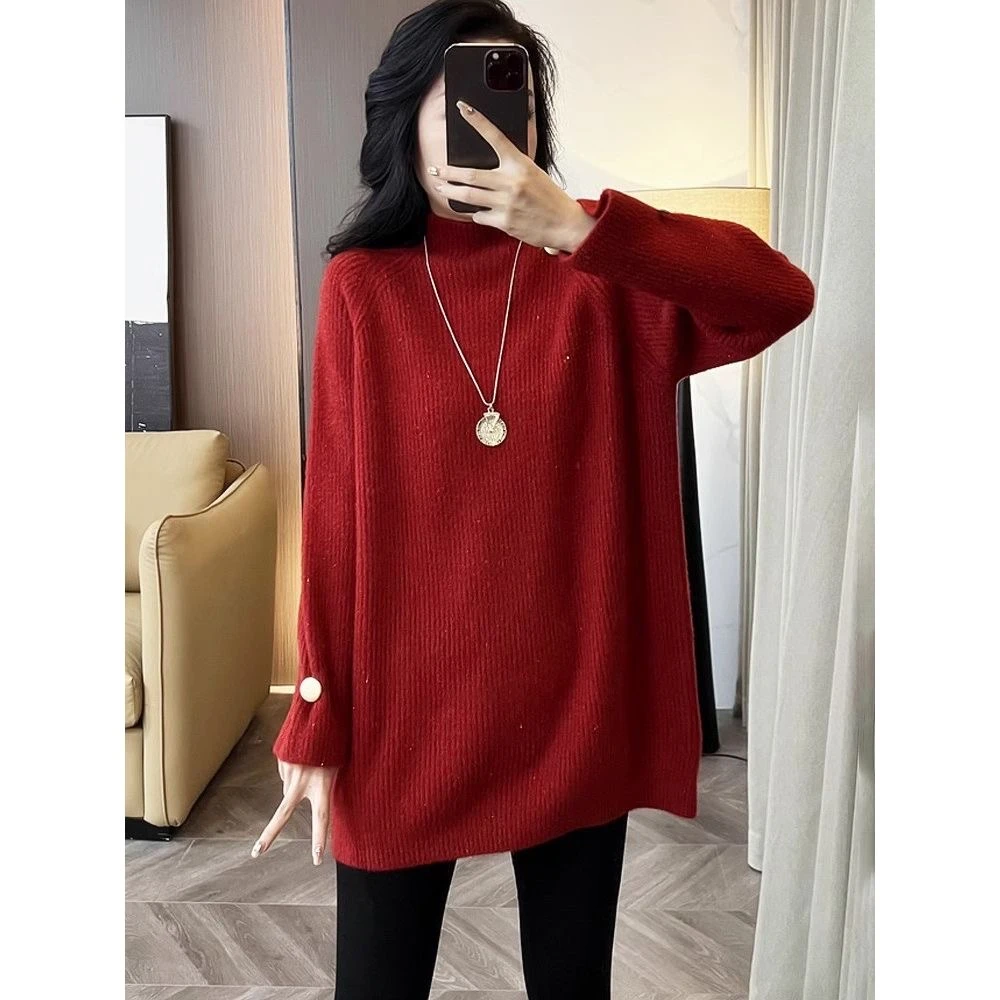 秋冬中长款亮丝加厚慵懒风毛衣女打底宽松纽扣设计感针织上衣