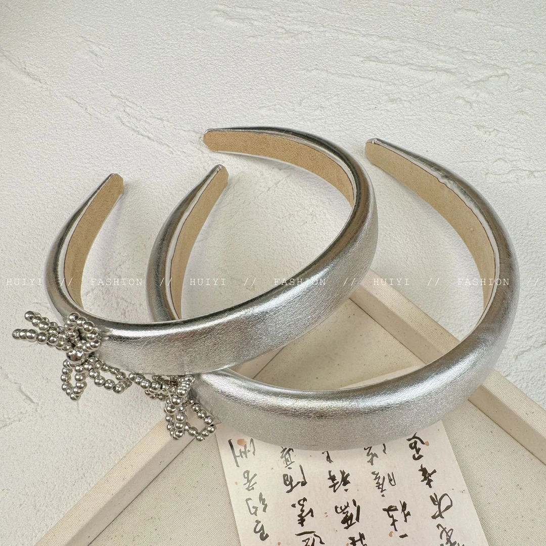 FG2850银色蝴蝶结pu皮质发箍女高级感压发发卡高颅顶头箍小众设计